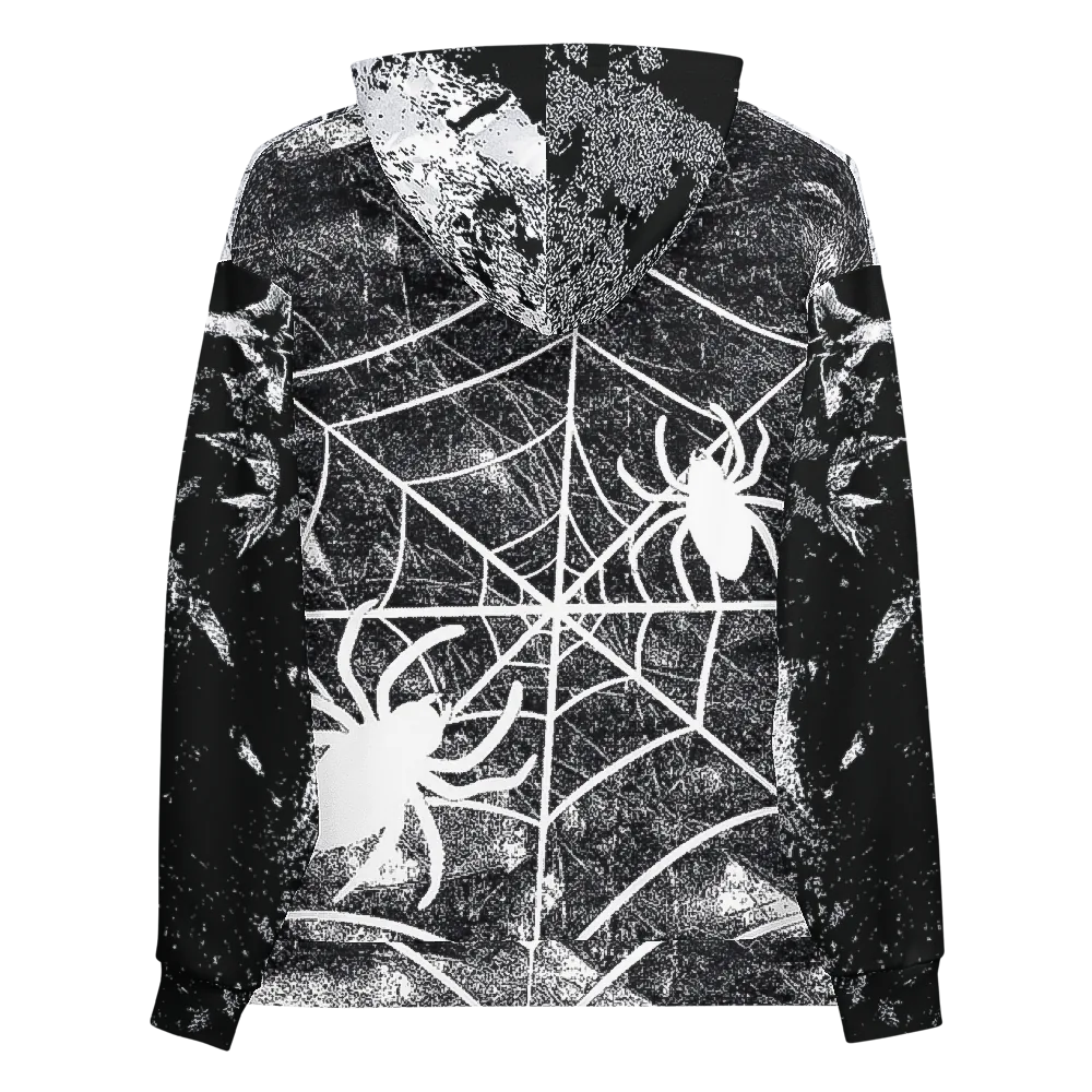 Ark Angel hoodie, back — a large white spiderweb with two spiders printed across the shoulders and back panel