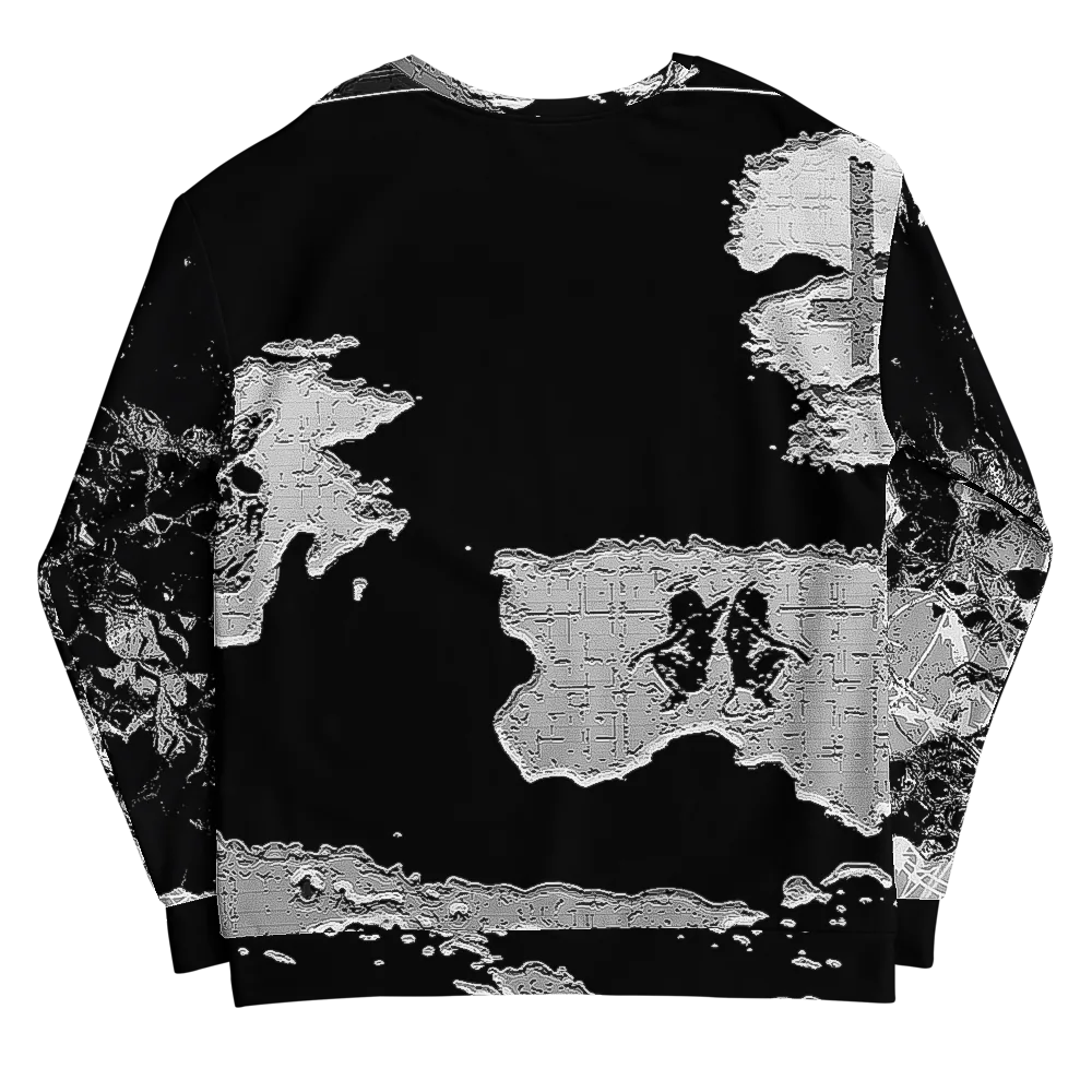 Lucille crewneck, back — mostly black with torn silver shapes and two small mirrored figure silhouettes at the center