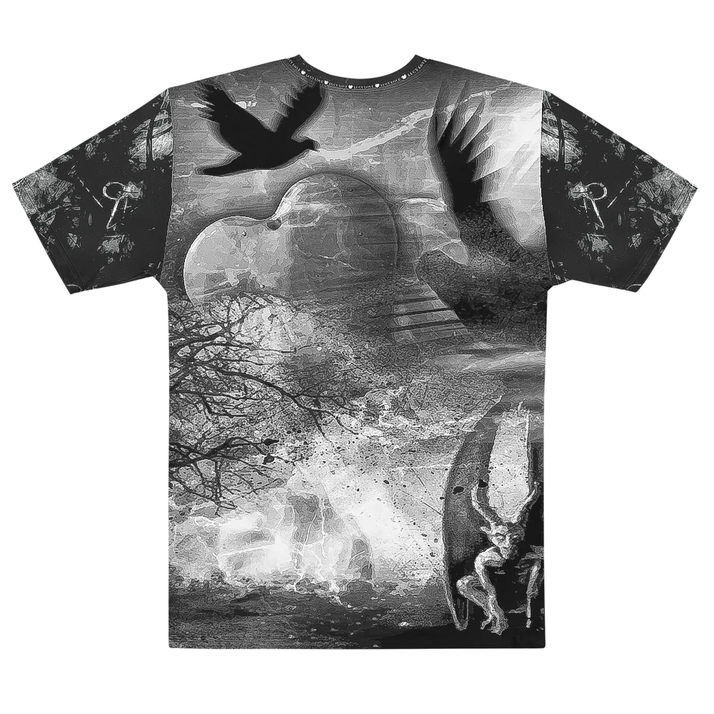 Nexus tee, back — a black bird and a large feathered wing across the shoulders above a bare tree, with a small horned winged figure at the lower right hem