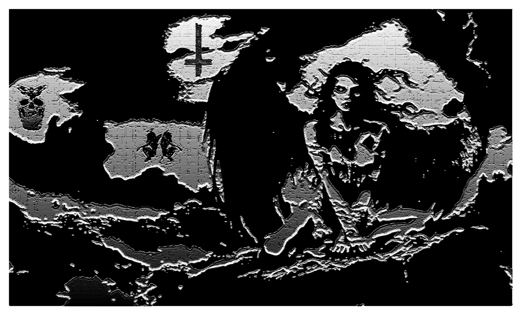Lucille panel — a long-haired figure haloed in torn silver, beside twin silhouettes, an inverted cross, and a skull