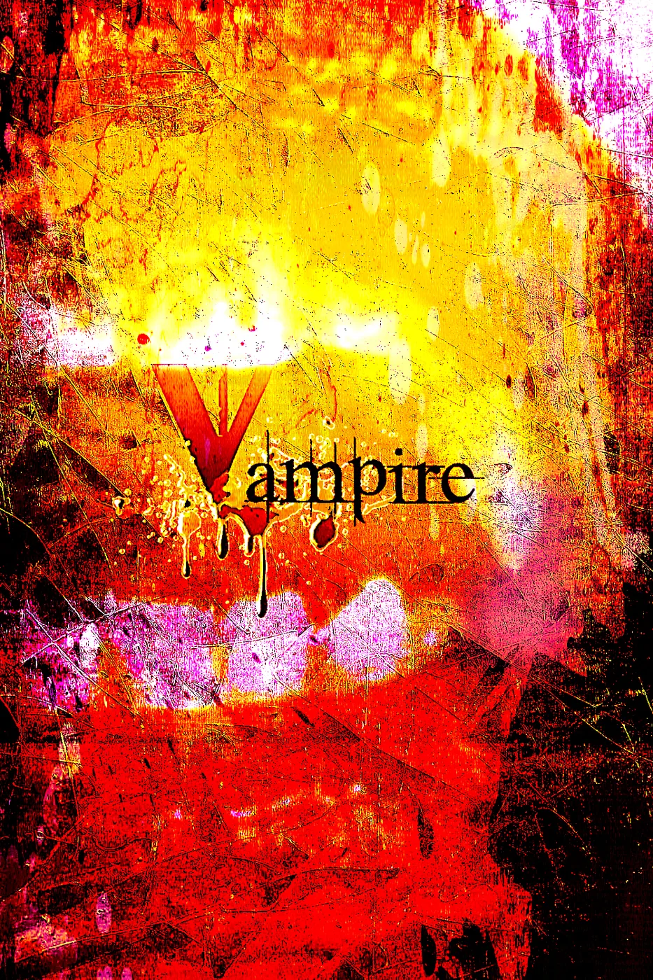 Lust panel — the word Vampire in a bleeding serif over a scratched yellow and red ground