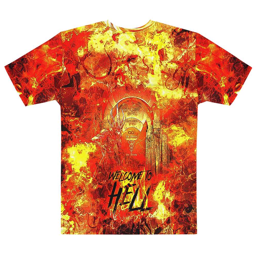 Phoenix Rising tee, back — a burning gate under fire, with Welcome To Hell scrawled in black