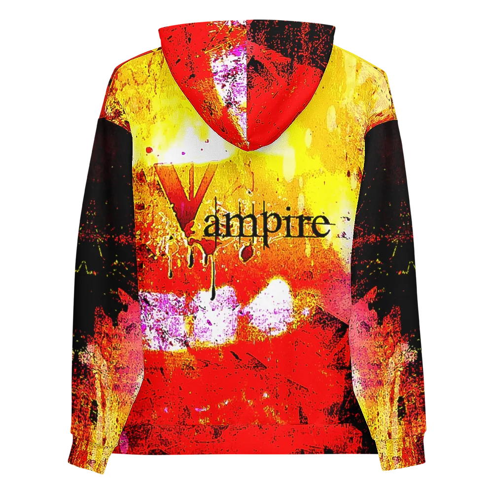 Vampire hoodie, back — the word Vampire in a bleeding serif across a yellow-into-red field