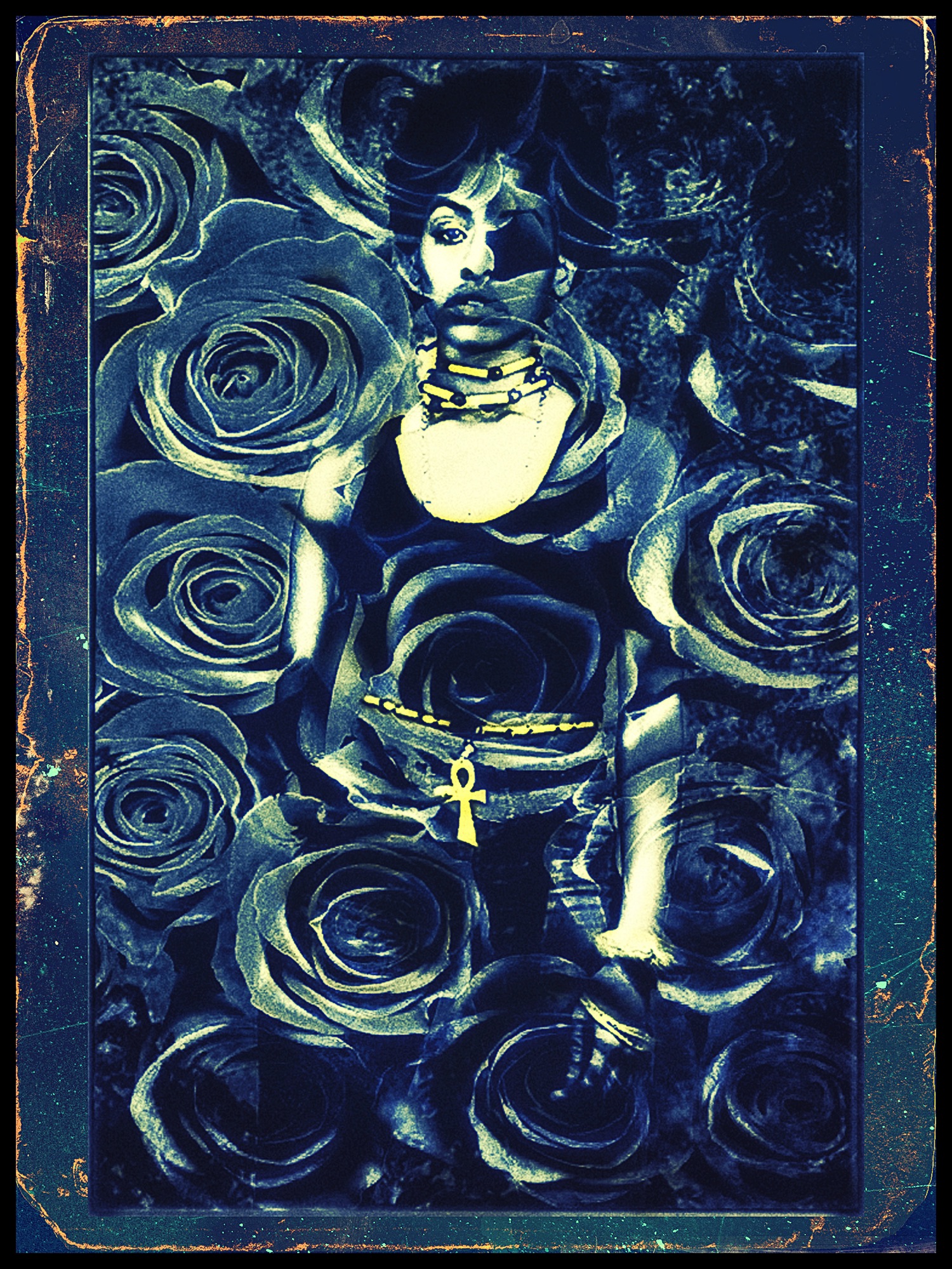 Reign — an original tribute sleeve for Prince: a figure dissolving into cyanotype-blue roses around a yellow ankh