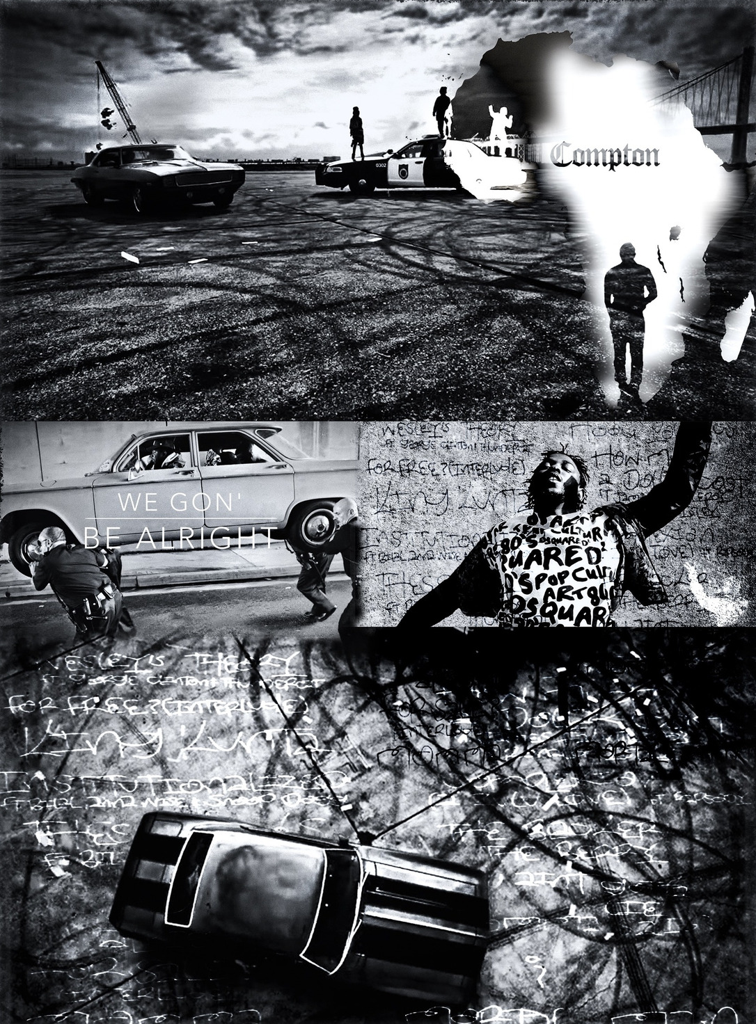 Compton — a black-and-white montage of street scenes, a police car, and graffiti tracklist, shown without the sleeve