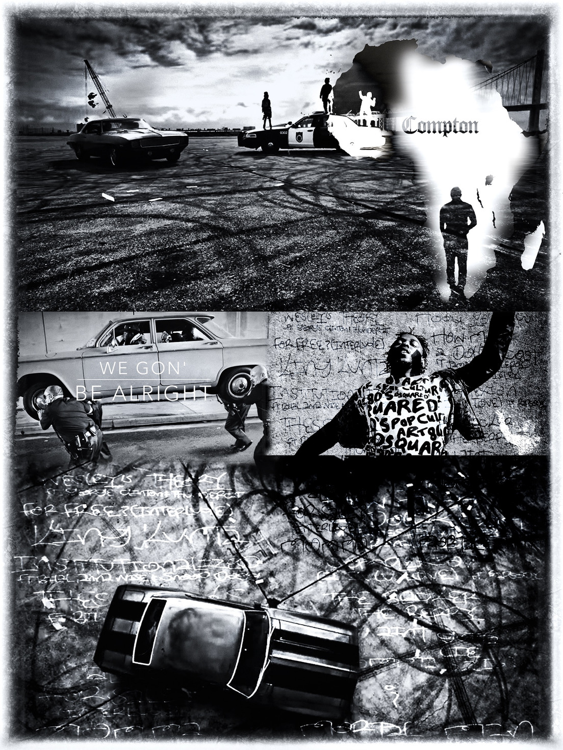 Compton poster study — a black and white montage of Compton street scenes, a police car, a raised-arm portrait, and handwritten tracklist graffiti, with a blackletter Compton set inside a knocked-out silhouette of Africa