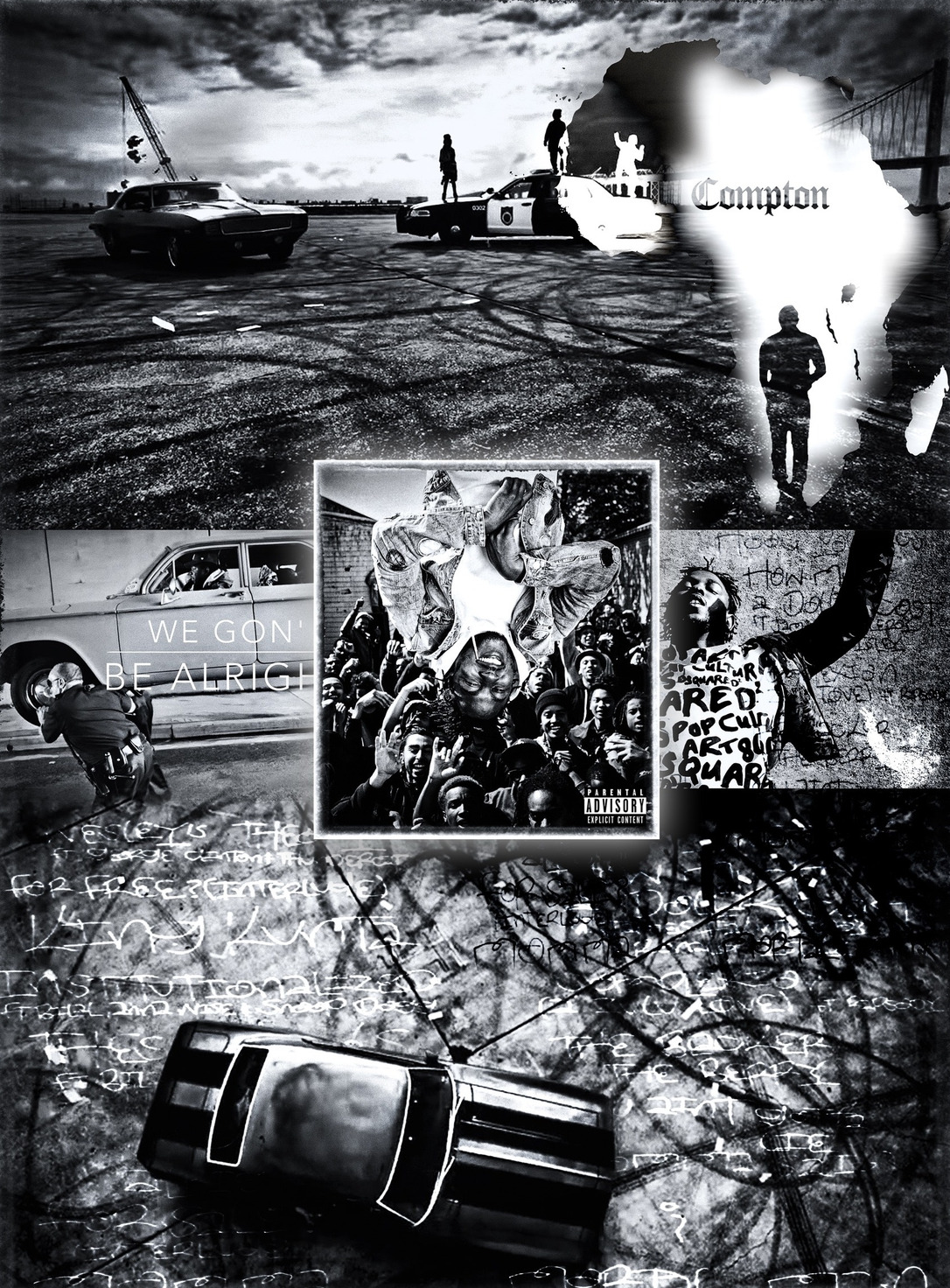 Compton — the same black-and-white montage with a square album sleeve placed at its center