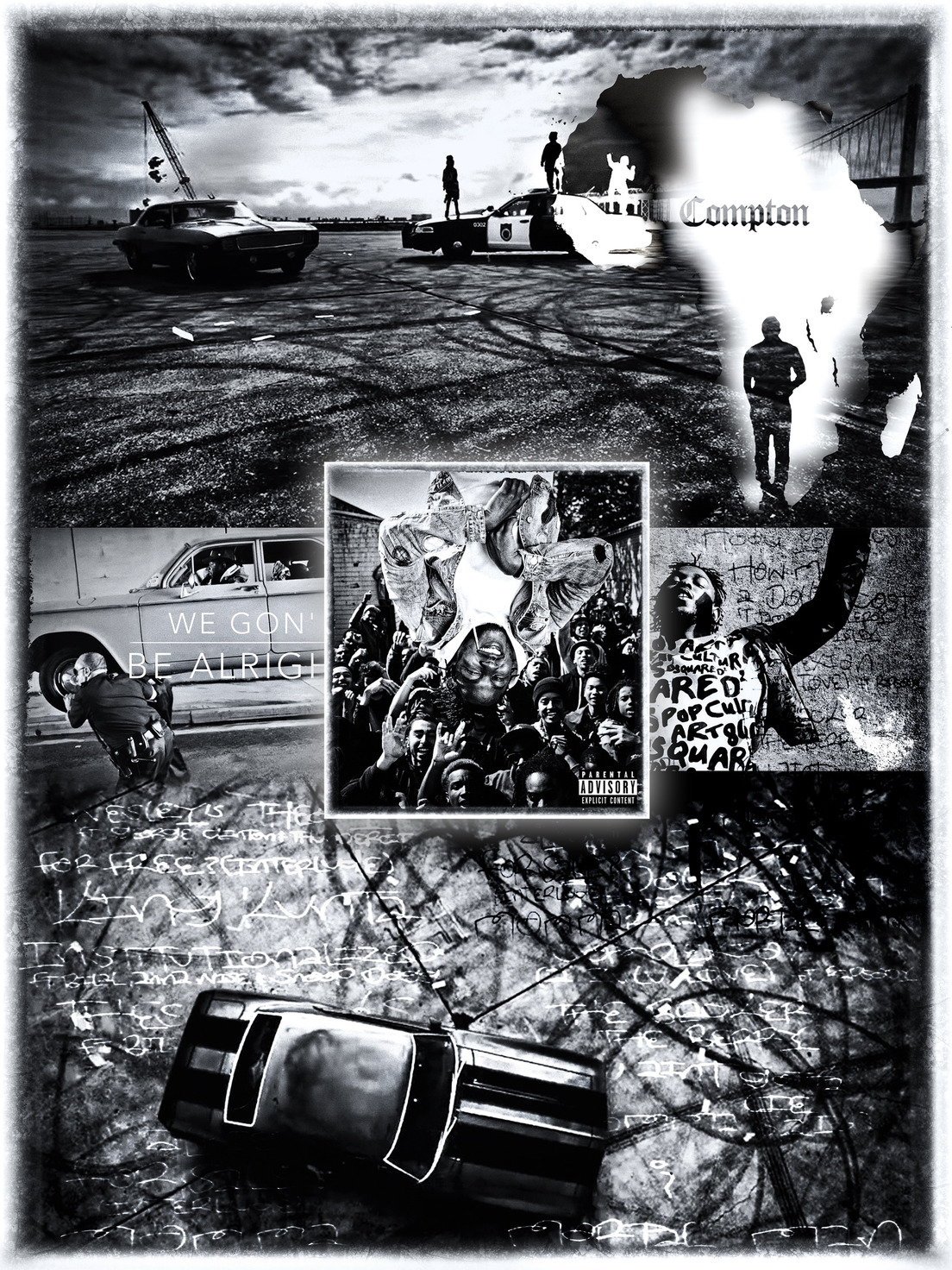 The same Compton montage with a square black-and-white record sleeve placed at the center: a figure held upside down above a crowd