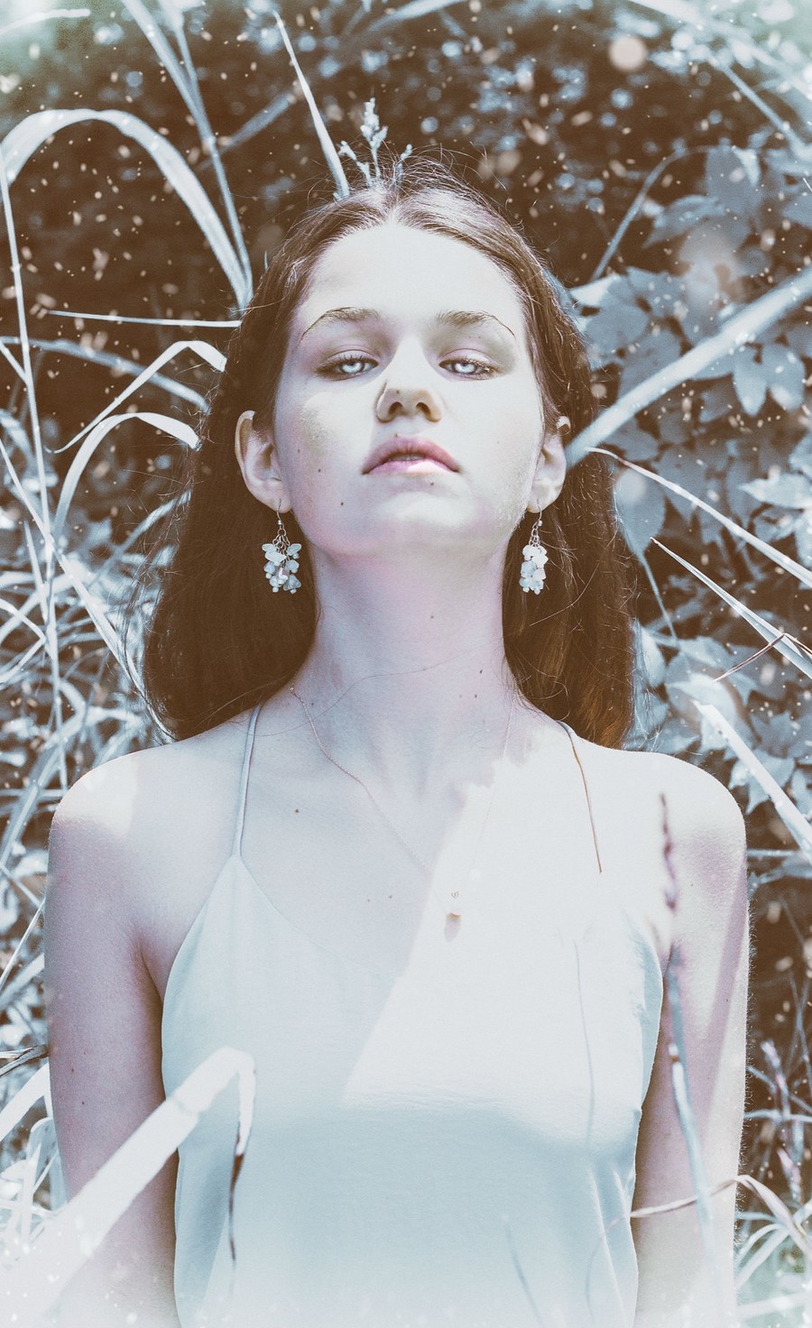 Secret study — a frontal portrait, chin raised, cluster earrings, among pale grasses